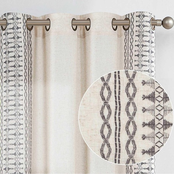 NEW 2 Pack Boho Curtain Panels Bohemian Embroidered, Light Filtering 50” x 63” - Picture 3 of 4